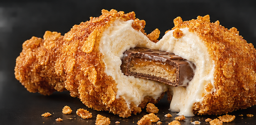 Chicken-shaped dessert broken open to reveal vanilla ice cream and chocolate caramel center